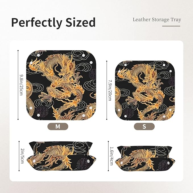 Oriental dragon Leather Vanity Tray Desktop Storage Organizer, Decorative Catchall Perfume Tray, Bathroom Valet Tray,Nightstand Caddy Holder for Keys Phone Wallet Coin Jewelry, S
