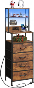 WLIVE Tall Nightstand with Charging Station, LED Night Stand with 4 Drawers and Storage Open Shelves, Fabric Dresser for Bedroom, Living Room, Office, Rustic Brown