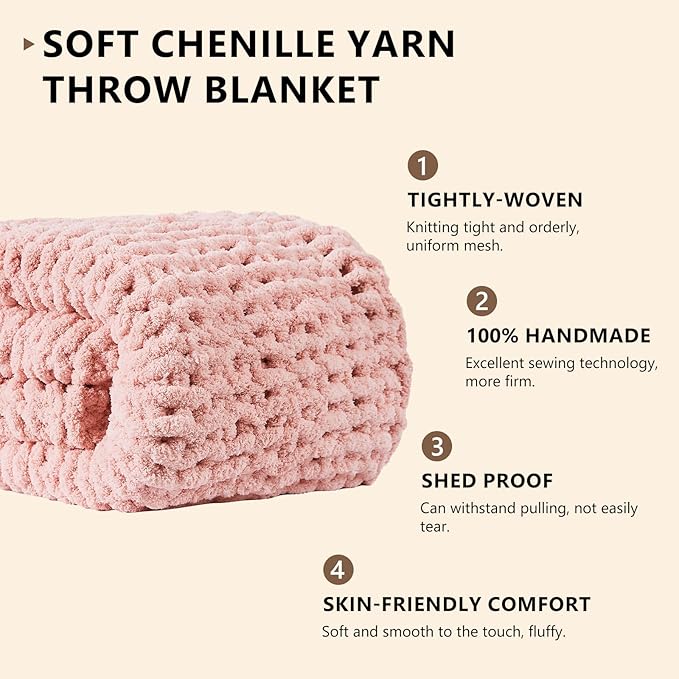 L'AGRATY Chunky Knit Blanket Throw - Soft Chenille Yarn Throw Blankets 30x40：Handmade Thick Cable Knit Crochet Blanket - Large Knit Chunky Rope Knot Throw Blankets for Couch Sofa Bed Home Decor