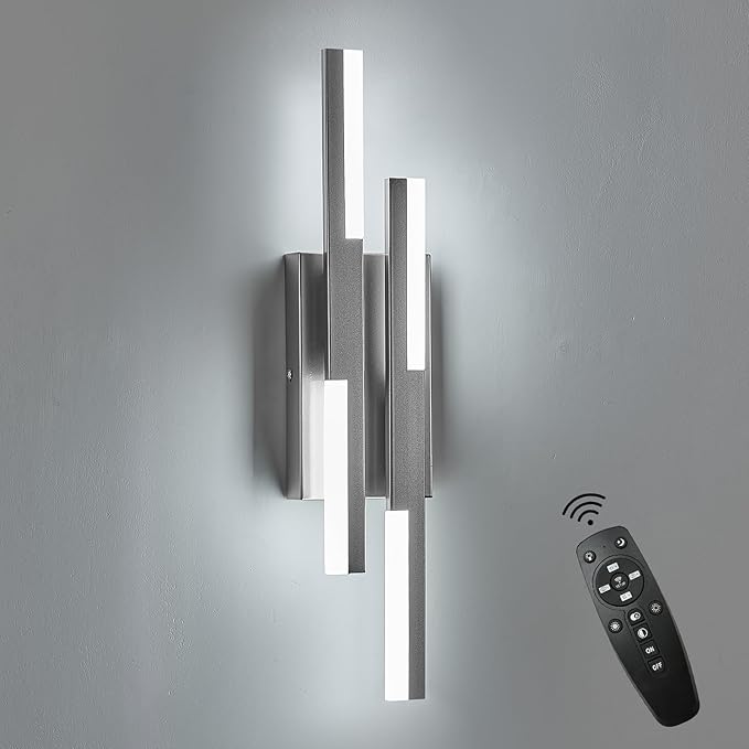 Modern LED Wall Sconce Silver Remote Wall Light Fixtures for Bathroom, Dimmable Vanity Light Indoor LED Remote Wall Sconce for Bedside Bedroom Living Dining Room (1 Pack 3000-6500K 19.7inch)
