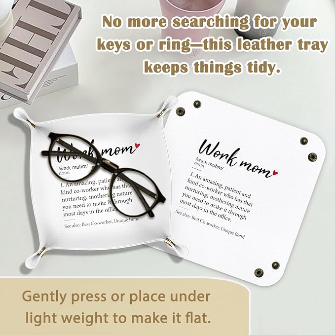 Work Mom Gifts Leather Jewelry Valet Tray,Best Mom Gift from Son Daughter PU Leather Catchall Beside Caddy Nightstand Organizer Tray for Jewelry Rings Watches Keys and Accessories,7.8x7.8inch