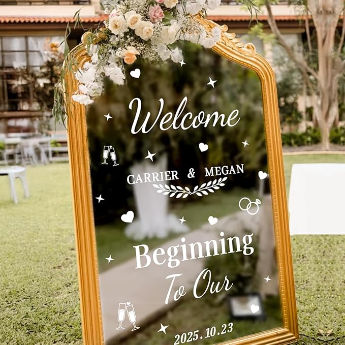 HLNIUC Welcome To Our Beginning Mirror Stickers Double-Sized,Removable Letters Number Wall Decal,Bride And Groom Names Decals,Personalized Wedding Mirror Sticker for Window Sign Marriage Decoration