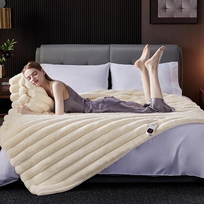 Heated Blanket Twin Size, Faux Fur Cozy Heating Blanket with Overheat Protection, 1/2/4/6/8 Hours Auto-Off 10 Heat Level, Machine Washable (62x84 Inches, Cream White)