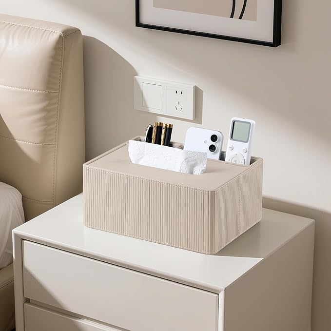 Tissue Box Cover Rectangle with 2 Compartments Remote Holder, PU Leather Tissue Box Holder Rectangle for Livingroom NightStand, Tissue Holder for 120(3-Ply)/160(2-Ply) Tissue Box (Beige)