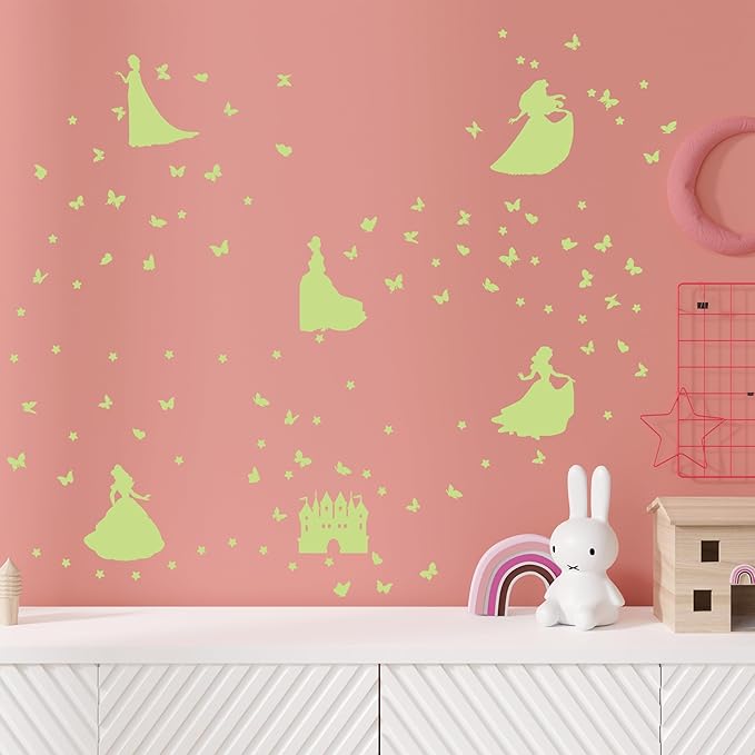Glow in The Dark Princess Castle Wall Sticker, Self-Adhesive Star Butterfly Wall Decal for Girl's Room, Fluorescent Sticker for Ceiling Nursery (Green)