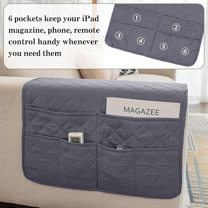 Bedside Caddy for Couch Remote Control Holder Recliner Armrest Organizer Non Slip Sofa Armchair Caddy with 6 Pocket Storage for Magazine, Tablet, Phone, iPad, Gray