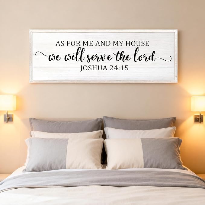 As For Me And My House We Will Serve The Lord Framed Wall Art, 40''×15'' Positive Religious Rustic Bible Verse for Christian God Jesus Christ Prayer, Vintage Horizontal Holy Catholic Scripture Decor