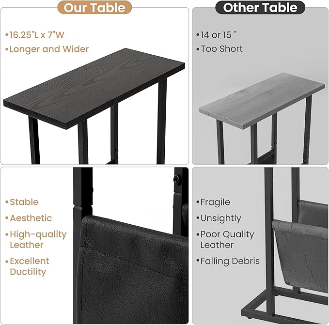 Narrow Side Table for Small Place,Metal Table with PU Leather Bag,Slim Nightstand for Reading Or Storage,Sofa Side Table for Living Room,Bedroom,Black