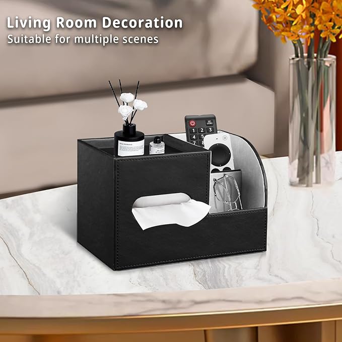 PU Leather Tissue Box Cover Square, Tissue Box Holder Organizer with Storage Tray and Remote Control Holder for Bathroom Countertop Night Stands Bedroom Office Desk,Napkin Caddy Decorative Black