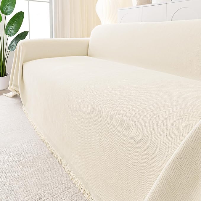 Smiry Couch Cover for Dogs, Washable Chenille Sofa Covers for 3 Cushion Couch, Soft Sofa Slipcover for Pets, Thick Sectional Furniture Protector with Tassels (Beige, 71x118 Inch)