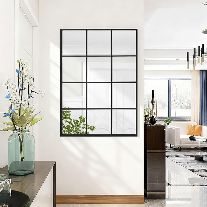 Large Black Rectangle Mirror, Metal Framed Wall Mounted Mirror Modern Artistic Decorative Mirrors for Living Room Bedroom Entryway, 24x35 Inch Decor
