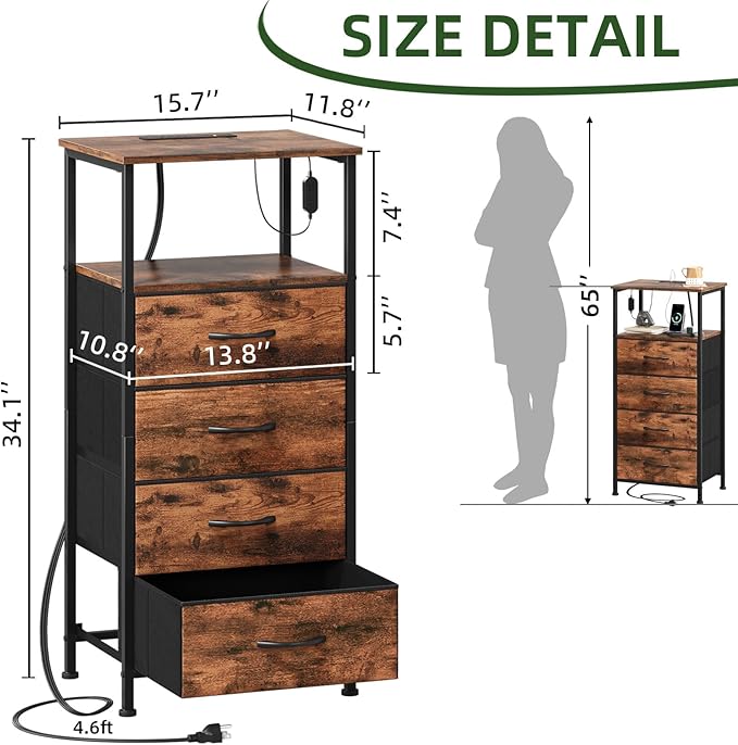 Somdot Tall Nightstand with Charging Station and LED Light for Bedroom, 4 Drawers Dresser with Fabric Bins for Bedside Kids Dorm Room Closet Laundry Entryway, Wood Grain Print
