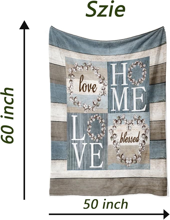 Rustic Floral Flower Sweet Love Home Fabric Throw Blanket, Farmhouse Country Vintage Wood Plank Cotton Soft Warm Fleece Blanket for Living Room Couch Bed Chair or Dorm, 50"x60"