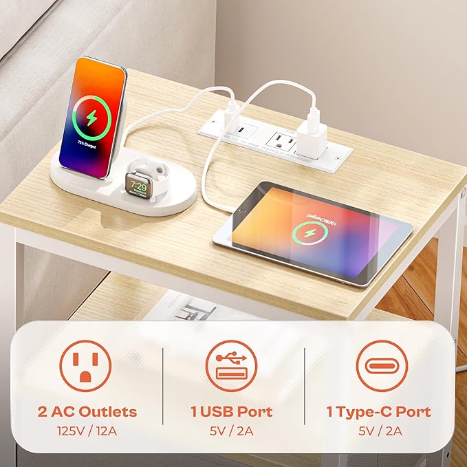 SUPERJARE Nightstand with Charging Station, Bed Side Table with Adjustable Fabric Drawer, Night Stand for Bedroom, 3-Tier Storage End Table, for Living Room, White Maple