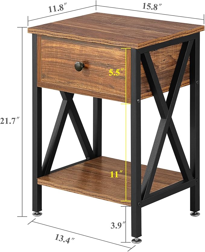VECELO Nightstands Set of 2, Modern Bedside End Tables, Night Stands with Drawer and Storage Shelf for Living Room Bedroom, Industrial Metal Frame