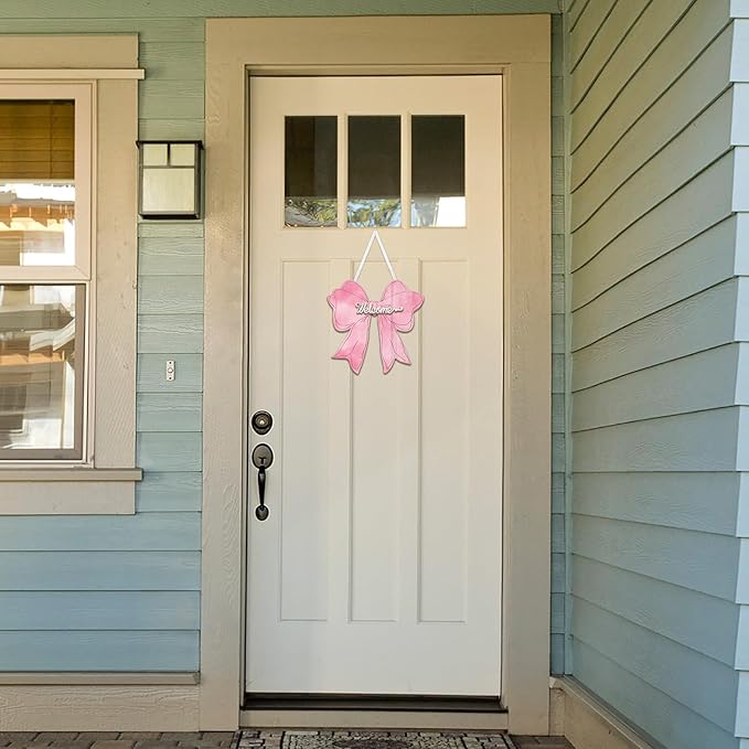 Pink Bow Decor Hanging Sign Cute Coquette Bow Decoration Double-sided Wooden Bowknot Welcome Door Sign for Preppy Room Wall Home Bedroom Fall Halloween Indoor Outdoor Porch
