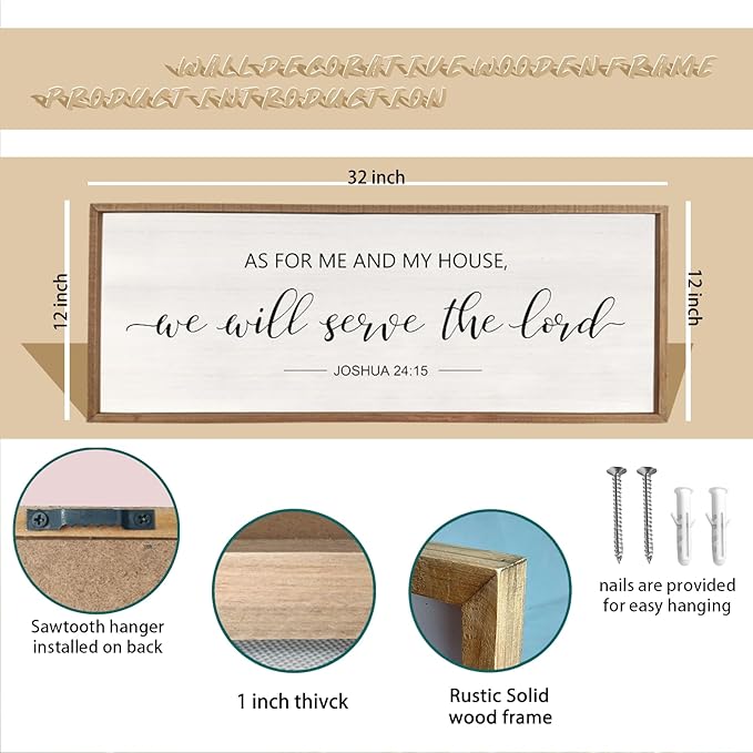 comurdyo Christian Scripture Wall Decor As For Me And My House We Will Serve The Lord Sign 32×12 Inch Joshua 24:15 Bible Verse Plaque for Bedroom Above Bed Large Wood Framed Wall Art (Wood)