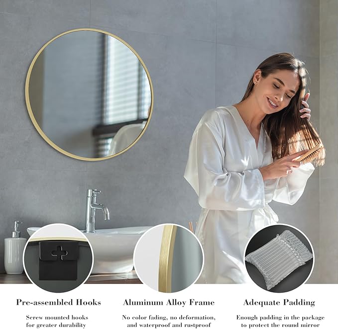 Sweetcrispy 28in Gold Round Bathroom Mirrors for Wall, Bathroom Mirrors for Over Sink, Wall Decor for Bathroom, Entryway, Bedroom, Vanity