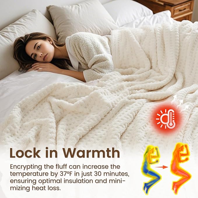 David's Home Ultra Soft Fleece Blanket Twin Size for Bed, Plush Shaggy Fluffy 3D Jacquard Waffle Throw for Couch, Warm Lightweight for Fall Winter,Fuzzy Aesthetic Room Decor,66x90 inches,Cream