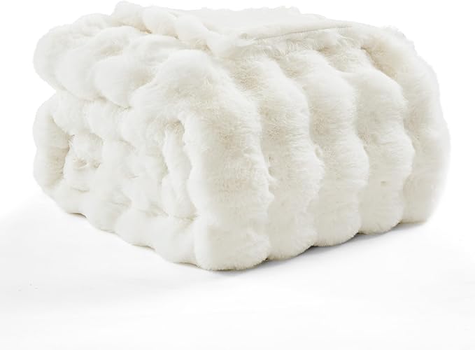 WDCOZY Luxury Ivory Bubble Throw Blanket, Cream White Faux Fur Mink Plush Throw for Couch, Sofa and Bed, Soft Fluffy Fuzzy Furry Cozy Blanket, Thick and Warm, 60x80 inches