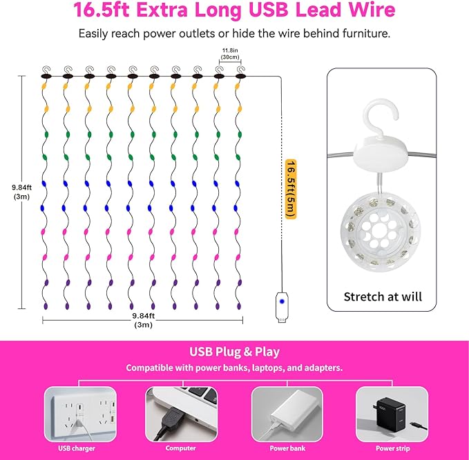 HXWEIYE 300LED Untangled Curtain Lights, 9.8x9.8Ft USB Fairy Twinkle String Lights with Remote and DIY Timer, 8 Modes Window Wall Hanging Light for Bedroom Dorm Backdrop Room Decor, Multicolor