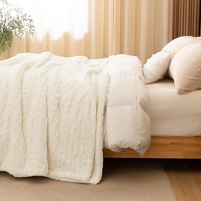 PHF Fluffy Sherpa Blanket Twin Size for Winter, Warm and Soft, 510GSM 3D Jacquard Thick Shaggy Fleece Plush Blanket for Sofa Bed, Cream, 60"x80"