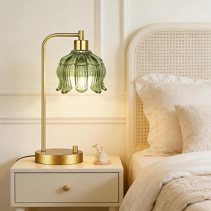 Glass Table Lamp Set of 2,Small Gold Bedside Lamps Dimmable Boho Bedroom Lamp with Tulip Flower Green Lamp Shade,Vintage Mid Century Modern Mini Nightstand Lamp for Bedroom Living Room