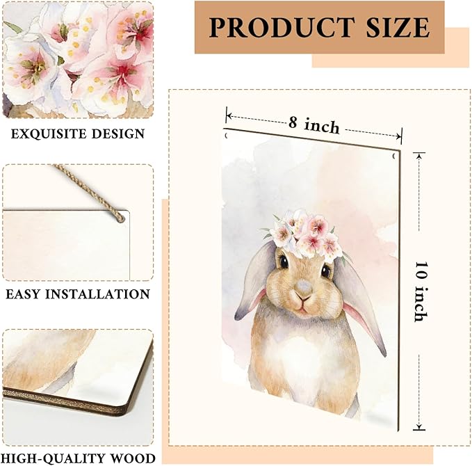 Easter Bunny Sign, Spring Floral Bunny Wooden Hanging Wall Decor, Easter Gifts for Friends Family, Cute Wood Sign for Door Wall Decorations, House Wood Hanging for Garden Yard -04