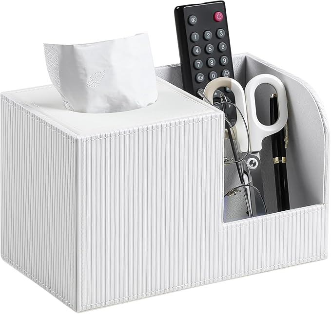 Square Tissue Box Cover with 2 Compartments Storage Organizer, PU Leather Tissue Box Holder with Remote Control Holder for Livingroom Nightstand, Multifunctional Cube Tissue Holder (White)