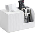 Square Tissue Box Cover with 2 Compartments Storage Organizer, PU Leather Tissue Box Holder with Remote Control Holder for Livingroom Nightstand, Multifunctional Cube Tissue Holder (White)