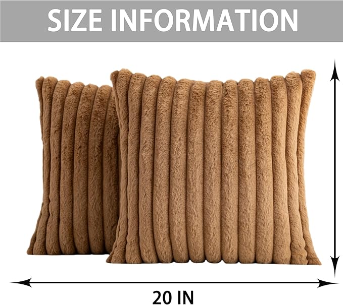 Aegero Pack of 2 Faux Fur Christmas Throw Pillow Covers 20x20 Inch, Soft Plush Striped Neutral Couch Pillow Cover, with Velvet Back Modern Home Decor for Sofa Living Room Couch Bed Coffee