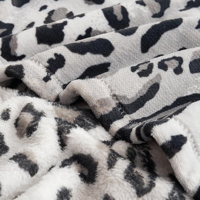 Cozy Bliss Leopard Print Fuzzy Throw Blanket for Bed & Couch, Thick Soft Warm Fleece Blankets for Room Decor, for Girls Kids Women Men, Snow Leopard, Grey 90"*90"