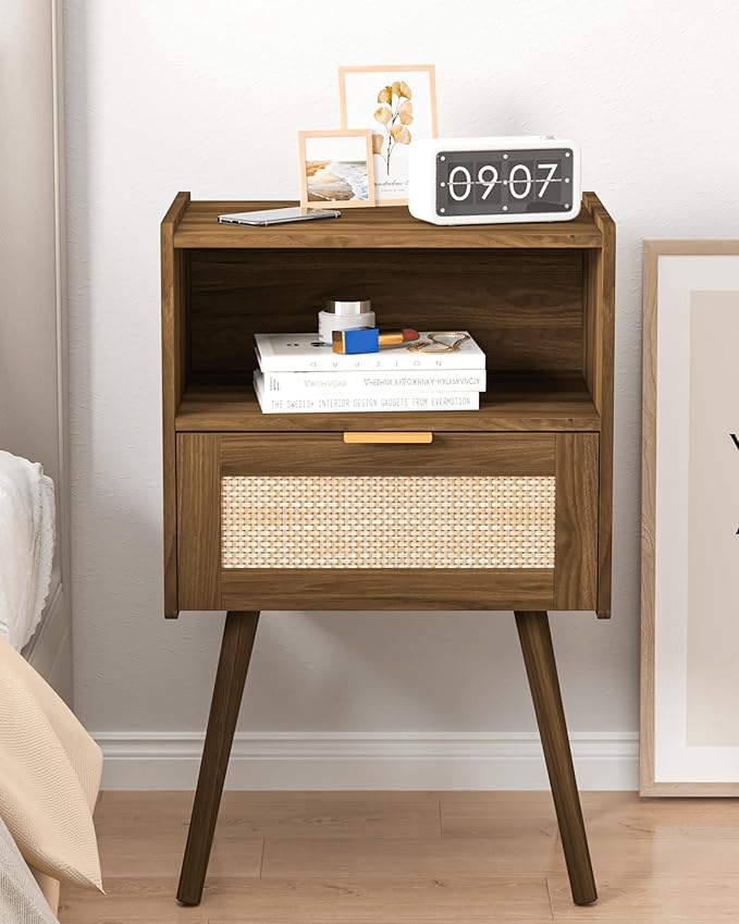 Nightstand,Modern Bedside Table with Storage Drawer and Open Wood Shelf, Accent Night Stand with Solid Wood Legs for Living Room, Bedroom and Small Spaces,Easy Assembly (Walnut Brown-Rattan)