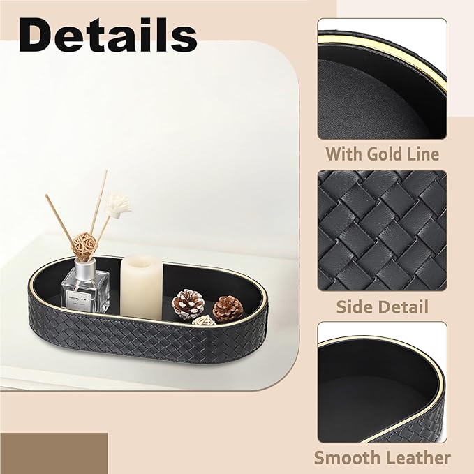 Hipiwe PU Leather Valet Trays Colognes Organizer Perfume Tray for Men, Modern Nightstand Bedside Storage Tray, Black Key Holder Bowl for Entryway Decorative Catchall Trays for Keys, Watch, Wallet