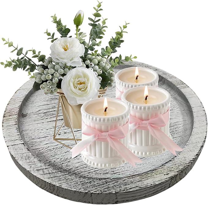 Candle Plate Holder Tray: Round Wooden Decorative Candle Plate Small Farmhouse Table Centerpiece Rustic White Wood Tealight Pillar Trays for Home Decor (White Rustic)