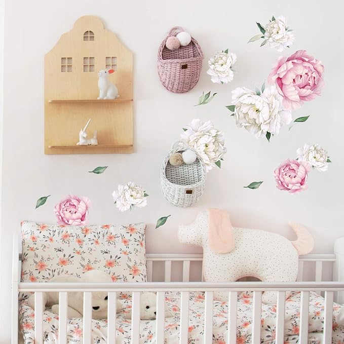 Peony Watercolor Wall Decals (Pink and White Watercolor) - Spring Decor Flowers Decals for Wall - Botanical Bedroom Sticker Girls - Floral Peonies Pink Botanical Stickers Bedroom Nursery w/test Sample