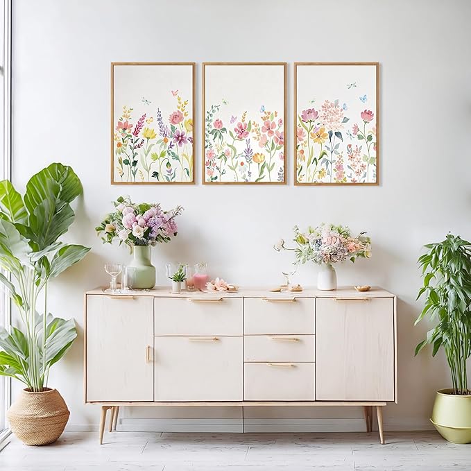 CHDITB Wildflower Framed Canvas Wall Art Set Of 3,Flower Artwork Modern Floral Wall Decor, Watercolor Nature Wall Painting, Minimalist Butterfly Art Prints For Bedroom Living Room Office Decor-12”X16”