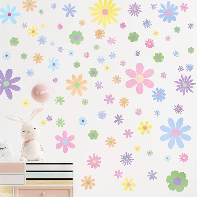 Kisston 90 Pcs Daisy Wall Decal Alphabet Vinyl Wall Decals Boho Decal Daisy Stickers Boho Groovy Floral Stickers for Nursery Art Bedroom Classroom(Pastel)