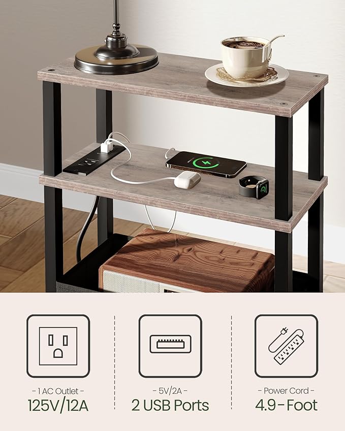 Small Narrow Side Table with Charging Station, Skinny End Table with Fabric Basket, Slim Nightstand for Small Spaces, Sofa Side Table, for Living Room, Bedroom, Greige and Black TBZ07UFH