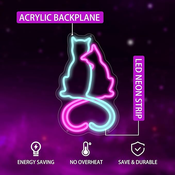 Two Cat Neon Signs for Wall Decor, Love Cat Neon Lights Signs for Room Decor, Cute Led Light Up Sign with USB Powered for Girls, Bedroom, Home Decoration
