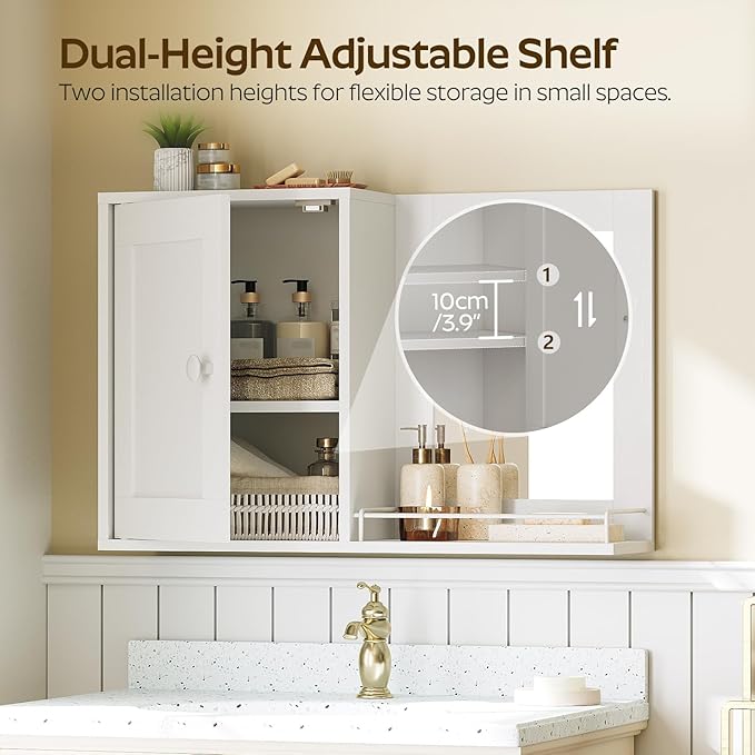 Medicine Wall Cabinet with Mirror, Bathroom Mirror with Storage, Medicine Cabinet Mirror, Wall Mounted Home Storage, Adjustable Shelf, for Laundry Room, Bedroom, Camper, Hallway, White