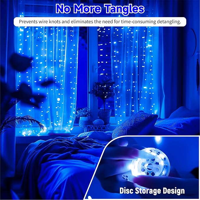 HXWEIYE 300LED Untangled Curtain Lights, 9.8x9.8Ft USB Fairy Twinkle String Lights with Remote and DIY Timer, 8 Modes Window Wall Hanging Light for Bedroom Dorm Backdrop Room Decor, Blue
