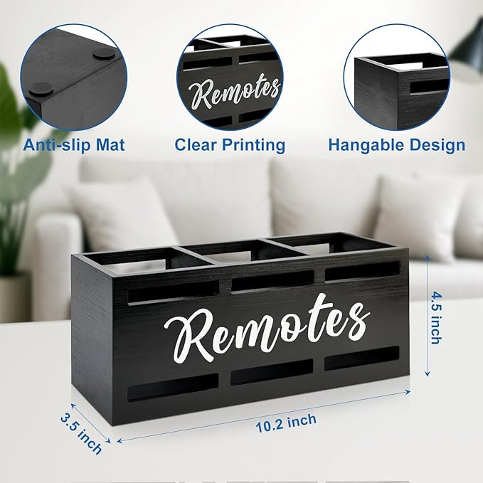 TV Remote Holder Wall Mount Remote Control Holders for Bed Wood Bedside Organizer Table Caddy Controller Holder Wall Mount Remote Controls Box Remotes Storage Black Caddies with 3 Slots