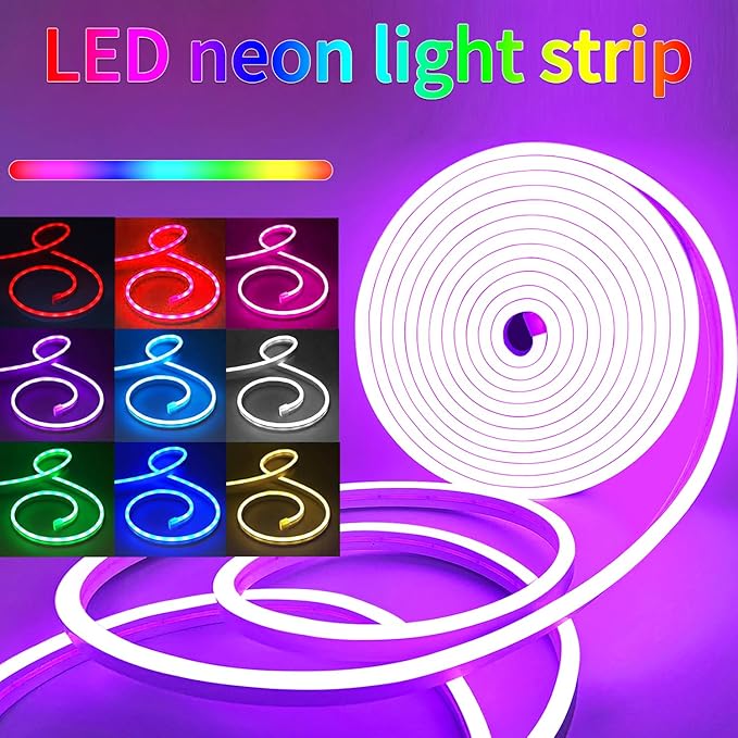 YeewhaleNeon Rope Lights，10ft RGB LED Strip Lights with App Control,Music Sync Flexible DIY Design 5V Neon Lights for Bedroom,Living Room,Gaming,and Party Decoration(with Adhesive Backing)