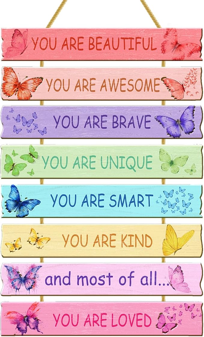 Rutiyoka Butterfly Room Decor for Girls Bedroom Wall Rainbow Inspirational Art Kids Wood Decorations Little Girl Nursery Toddler Sign