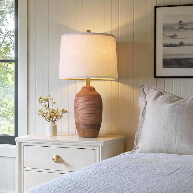 24.5" Reddish-Brown Handcrafted Ceramic Table Lamp with 5FT Cord,Single Farmhouse Vintage Rustic Lamp with Linen Drum Shade, Earth Tone Bedside Lamp for Bedroom Living Room Entryway,Bulb Not Included