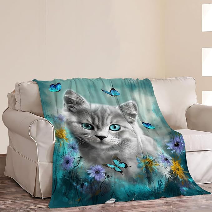 Cute Cat with Blue Butterfly Throw Blanket - Ultra Soft Cozy Fleece Kitten Blanket for Girls, Women & Kids - 60"x80" Cat Lover Gifts