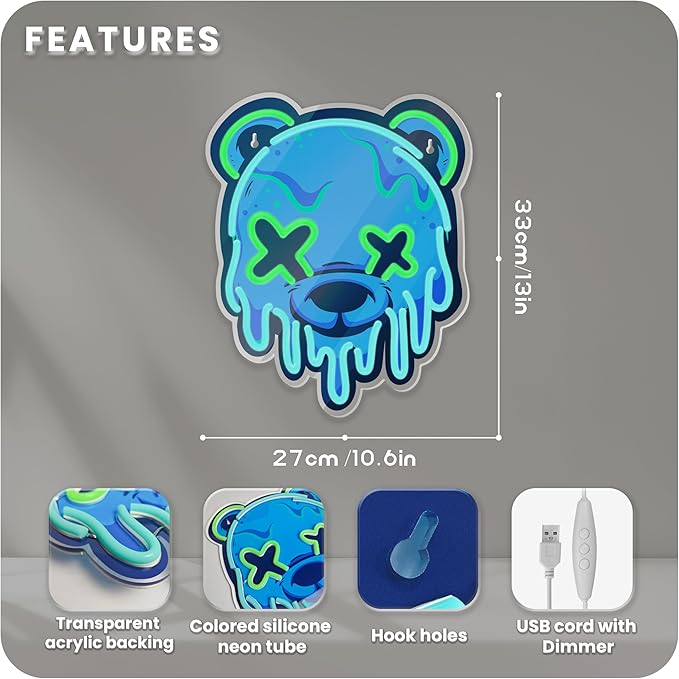 Ice Bear Neon Sign, Cool Led Sign for Wall Decor - Usb Powered, Adjustable Brightness Anime Bear Led Light for Bedroom, Bar, Pub, Party, Man Cave Decor, Unique Gift for Teenage Boys