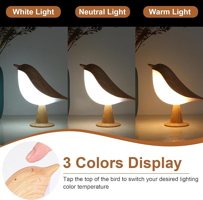 VoMii Bird Desk Lamp Set of 2, Small Table Lamp Cordless Touch Dimmable Night Light with 3 Color Temperature, Cute Lamps Rechargeable, for Bedroom Bedside Nightstand, Room Decor, Bird Gifts