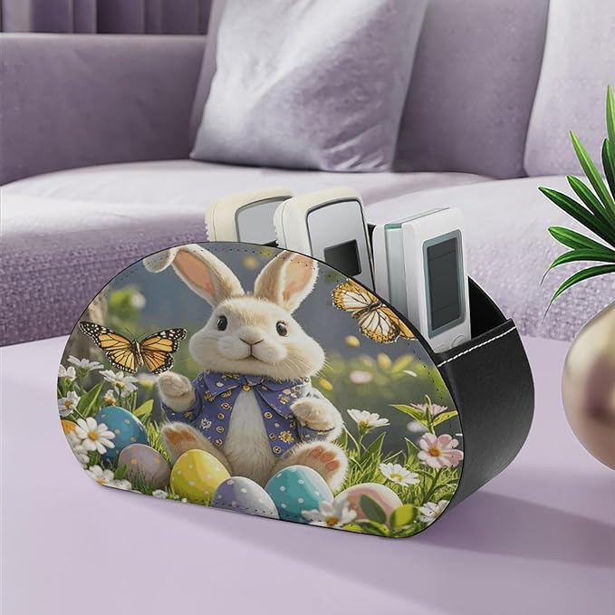 Easter Bunny Spring Butterfly Remote Control Holder Organizer Box with 5 Compartment PU Leather Bedside Storage Caddy Remote Organizer for Controller Media Player Pen/Pencil Storage